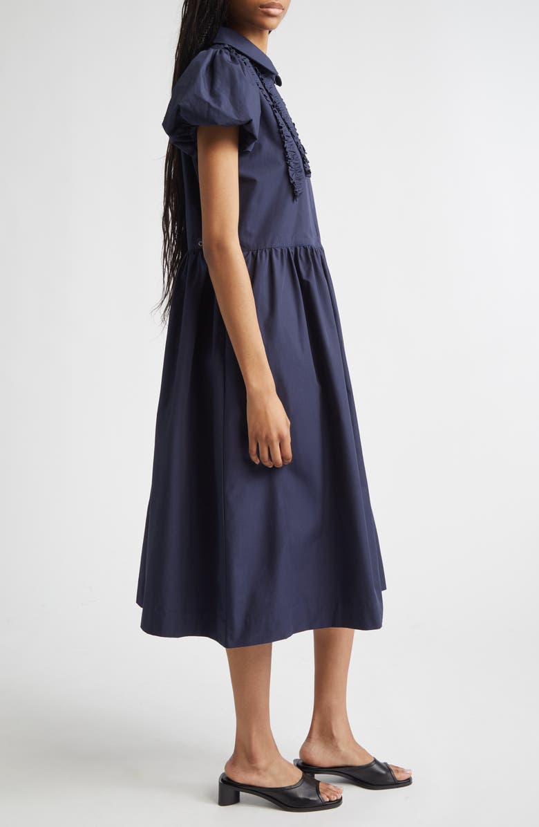 Sandy Liang Ensemble Ruffle Cotton Poplin Midi Dress, Alternate, color, Navy