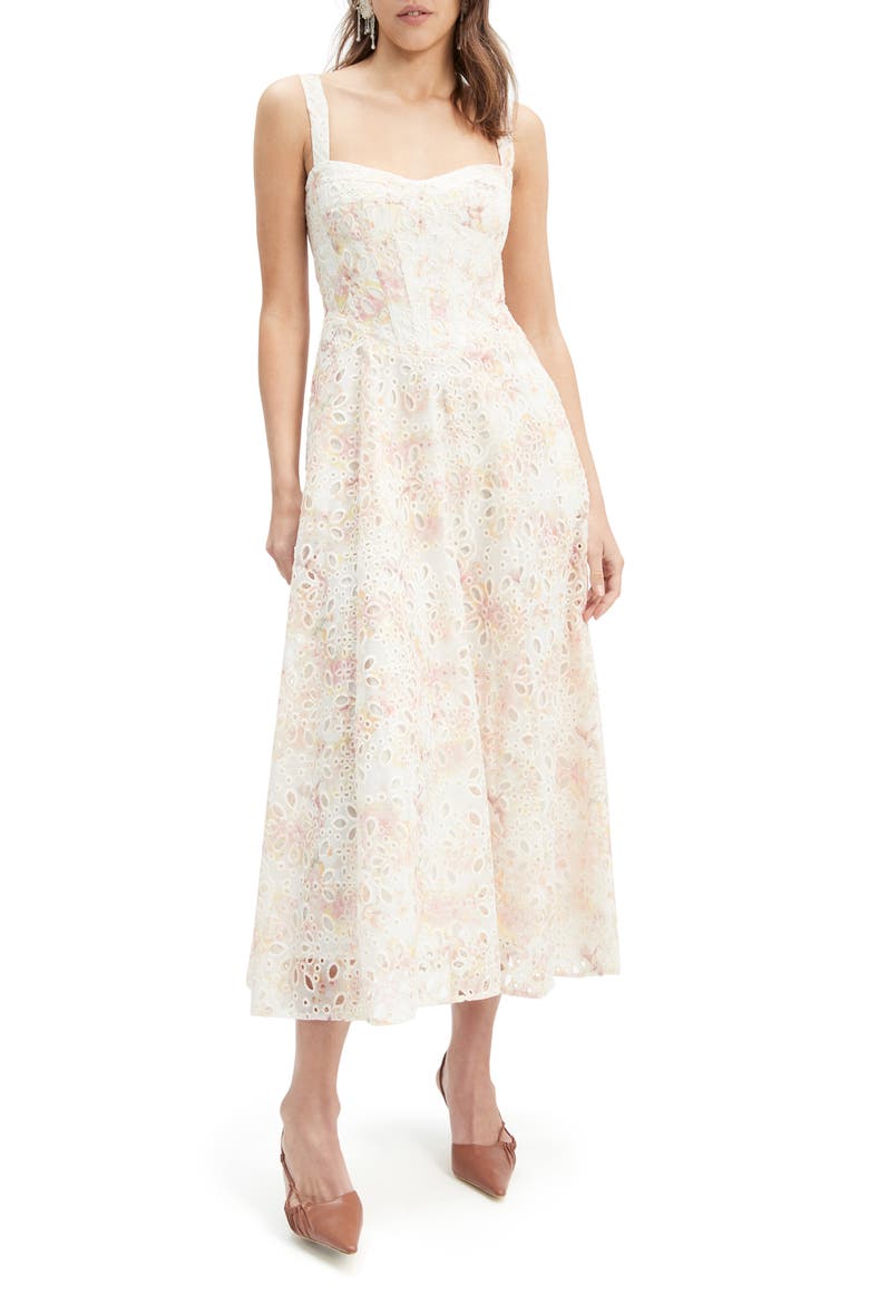 Lilah Floral Eyelet Embroidered Corset Midi Dress, Main, color, SUNNY FLORAL