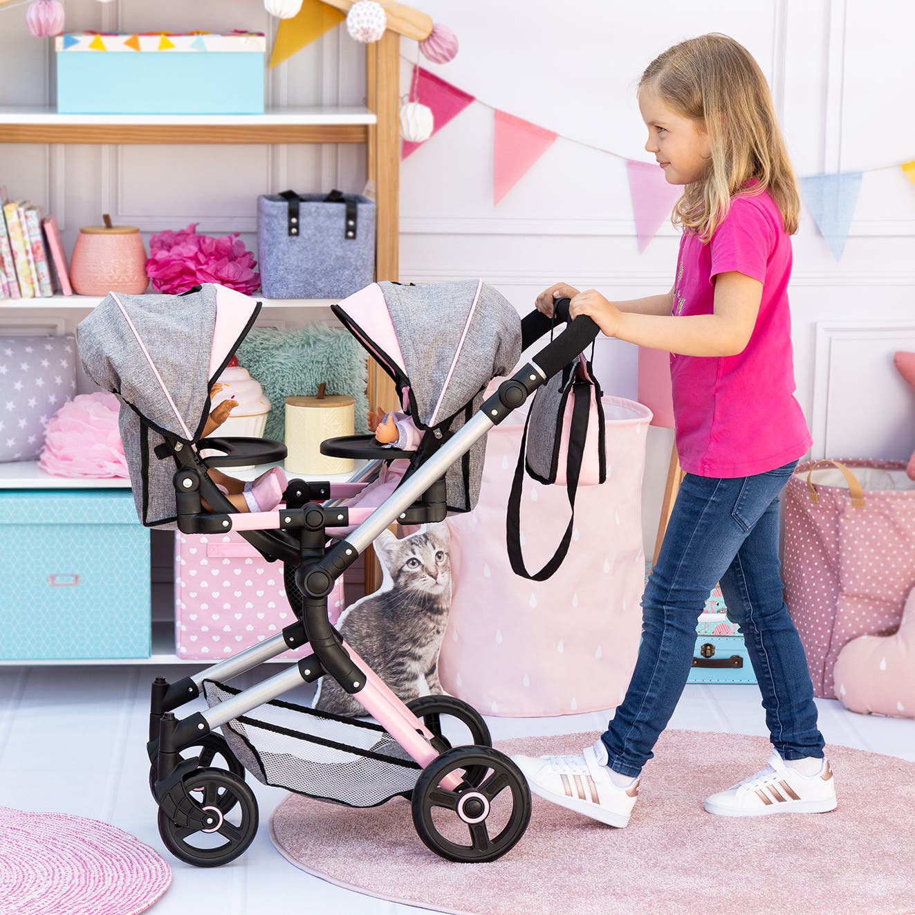 thumbnail image 2 of Bayer Neo Twin Doll Pram, Adjustable Handle, Foldable With Sun Covers, Fits Dolls Up To 18 Inches 2 of 9