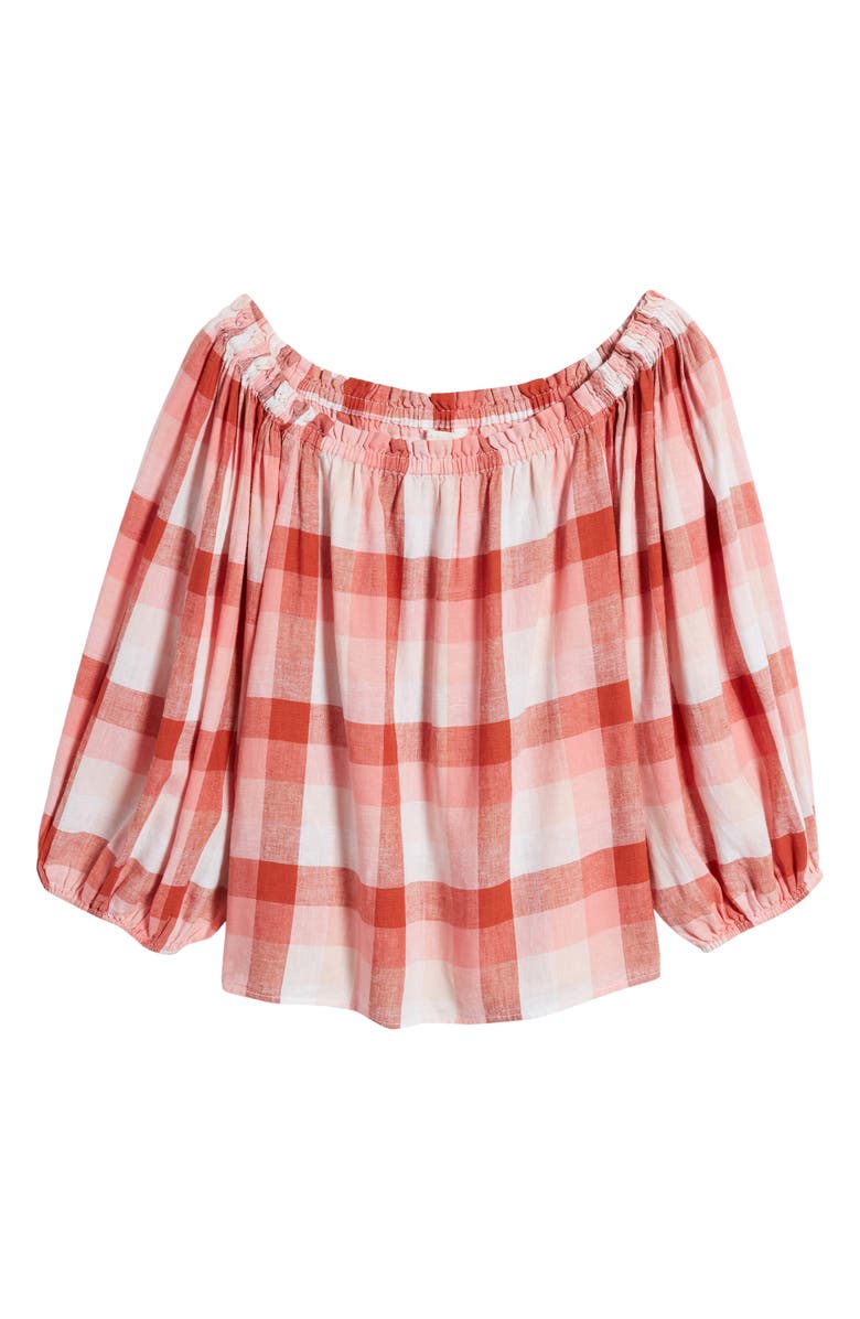 Caslon<sup>®</sup> Check Off the Shoulder Linen Blend Top, Main, color, 