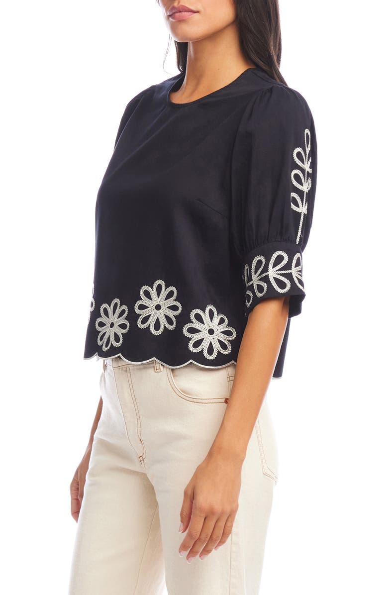 Karen Kane Embroidered Scallop Puff Sleeve Cotton Top, Alternate, color, Black/ Cream