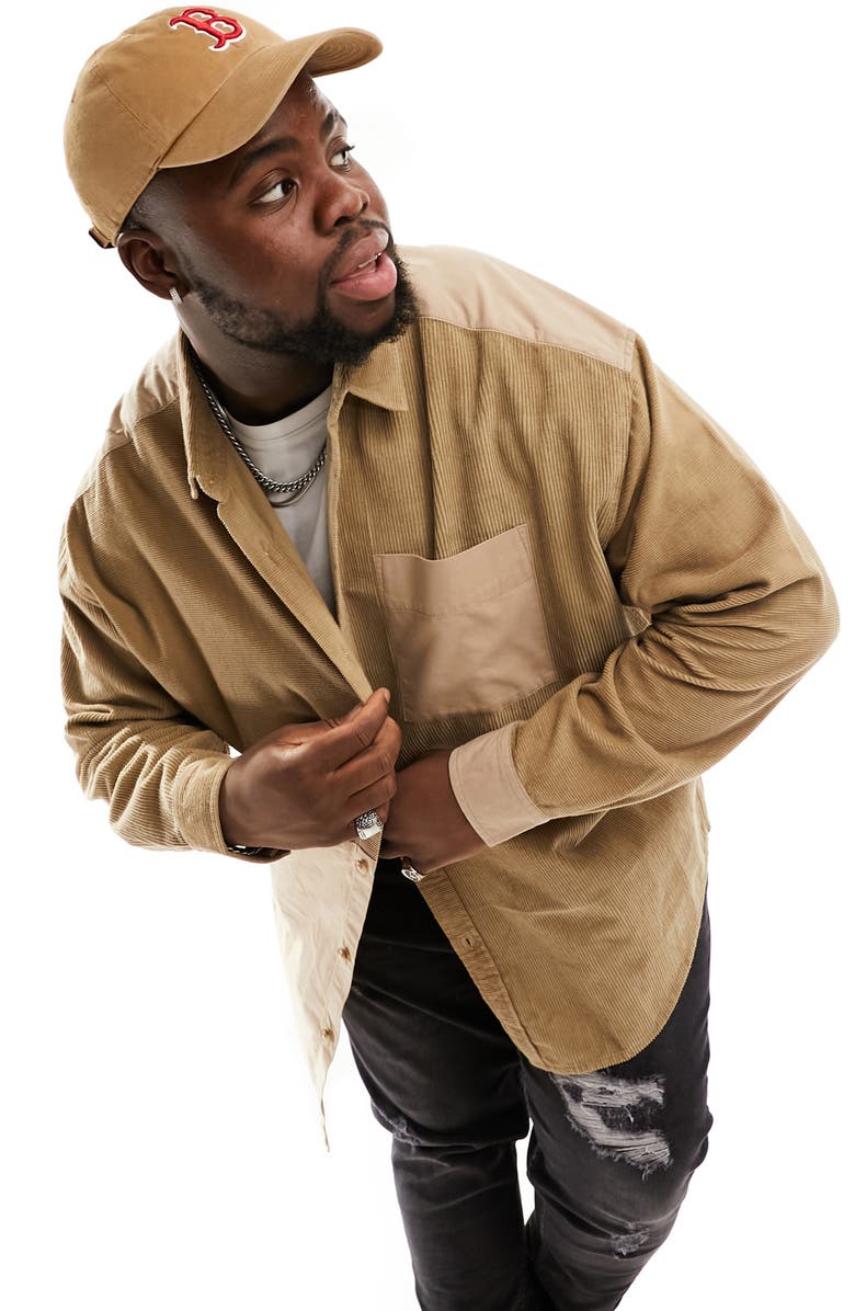 ASOS DESIGN '90s Oversize Mixed Media Cotton Corduroy Button-Up Shirt, Main, color, 