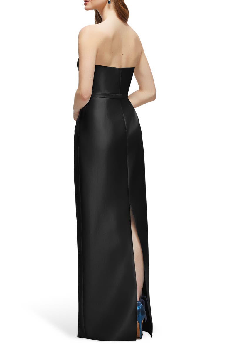 Alfred Sung Strapless Bow Belt Satin Twill Column Gown, Alternate, color, Black