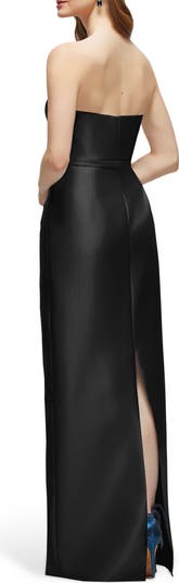 Strapless Bow Belt Satin Twill Column Gown
