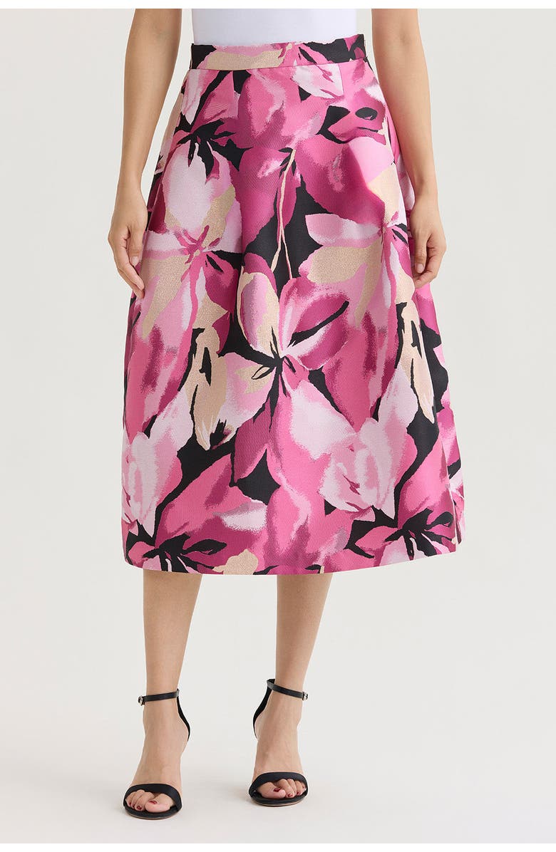 Ming Wang Shimmer Lined Floral Jacquard Woven Midi Skirt, Main, color, Carmine Rose/Pink