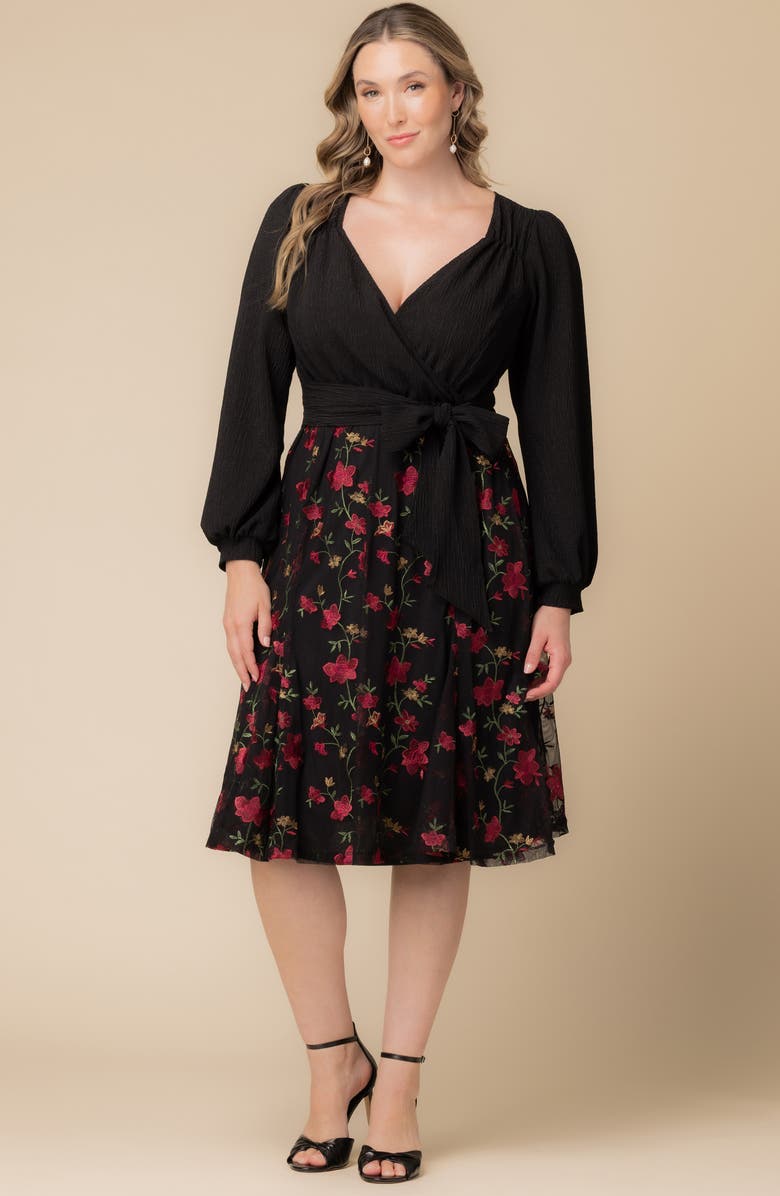Kiyonna Chelsea Embroidered Long Sleeve Cocktail Dress, Alternate, color, Floral Flare