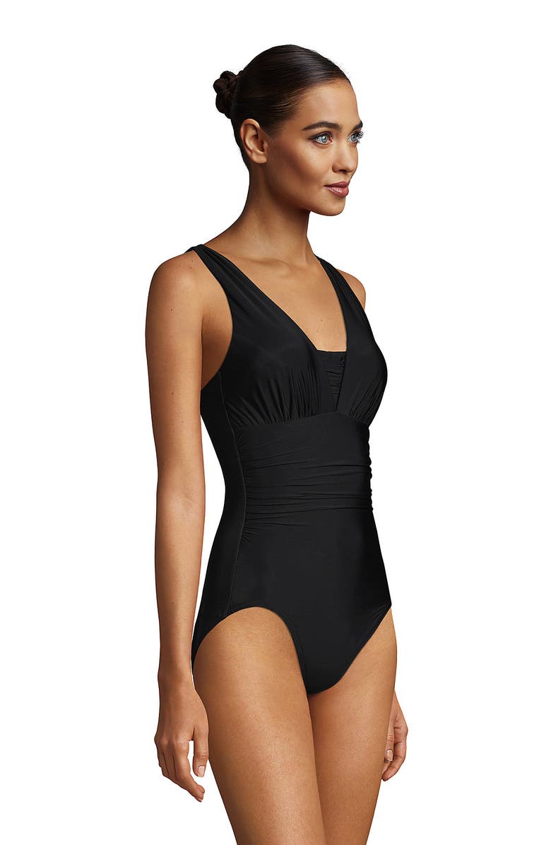 Lands' End Mastectomy Slender Grecian Tummy Control Chlorine Resistant One Piece Swimsuit, Alternate, color, Black