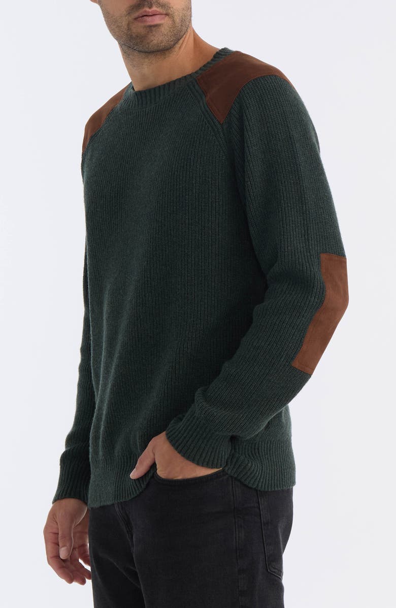 Hunter Crewneck Faux Suede Patch Ribbed Sweater, Alternate, color, Hunter Green