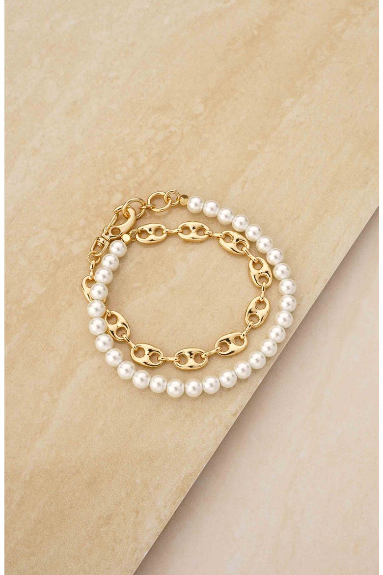 Imitation Pearl & Mariner Link Wrap Bracelet, Alternate, color, GOLD
