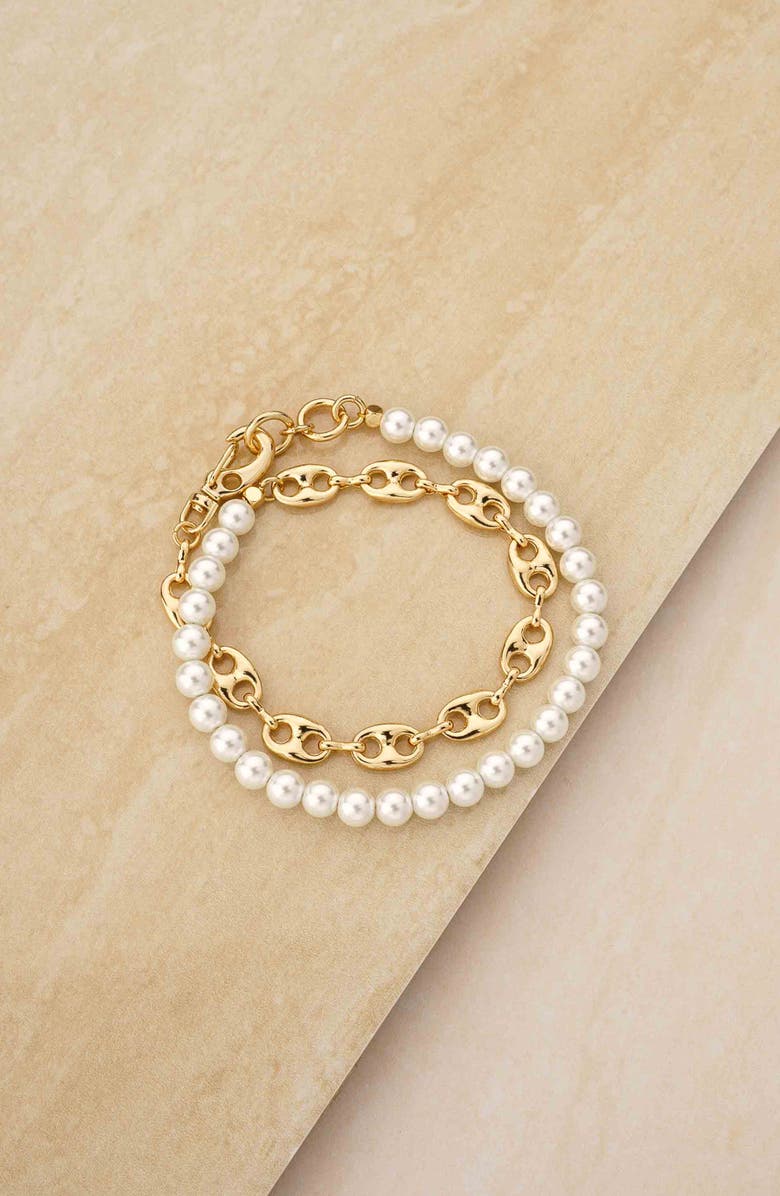 Ettika Imitation Pearl & Mariner Link Wrap Bracelet, Alternate, color, Gold