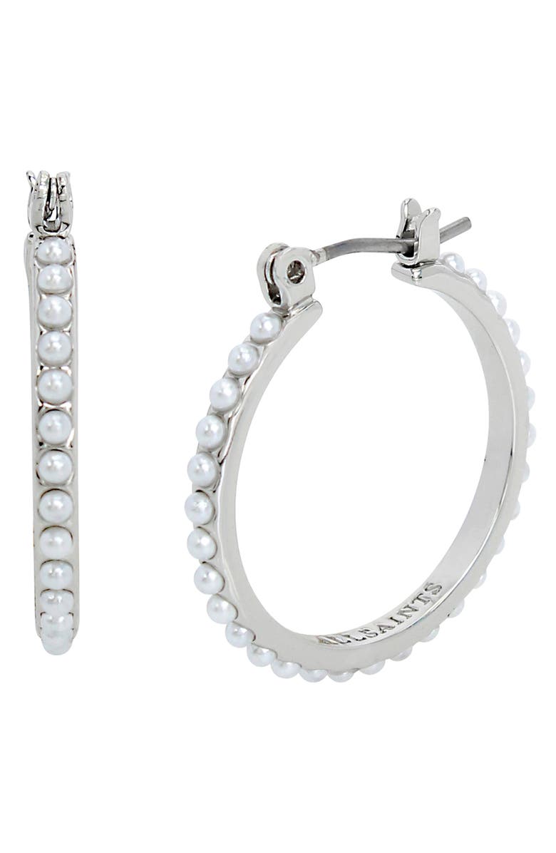 AllSaints Faux Pearl Huggie Hoop Earrings, Main, color, White/ Rhodium