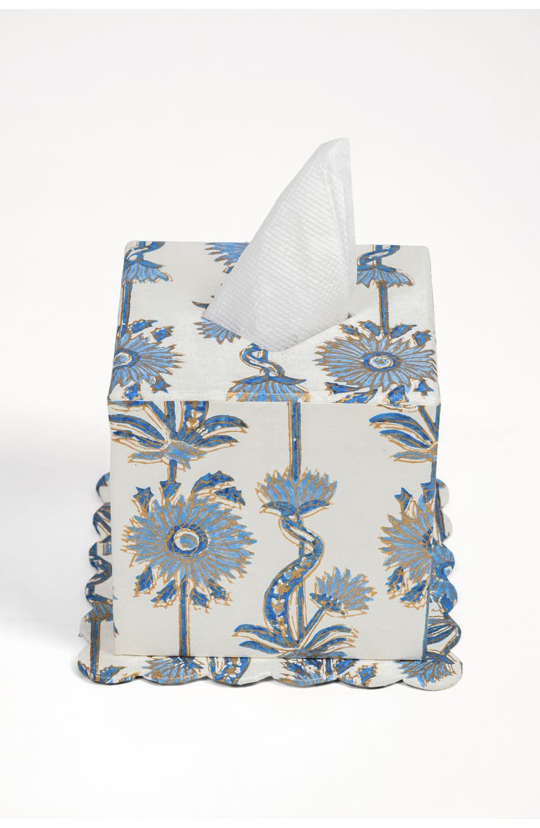 Inner Child Floral Vines Blockprint Scallop Tissue Box, Main, color, Blue