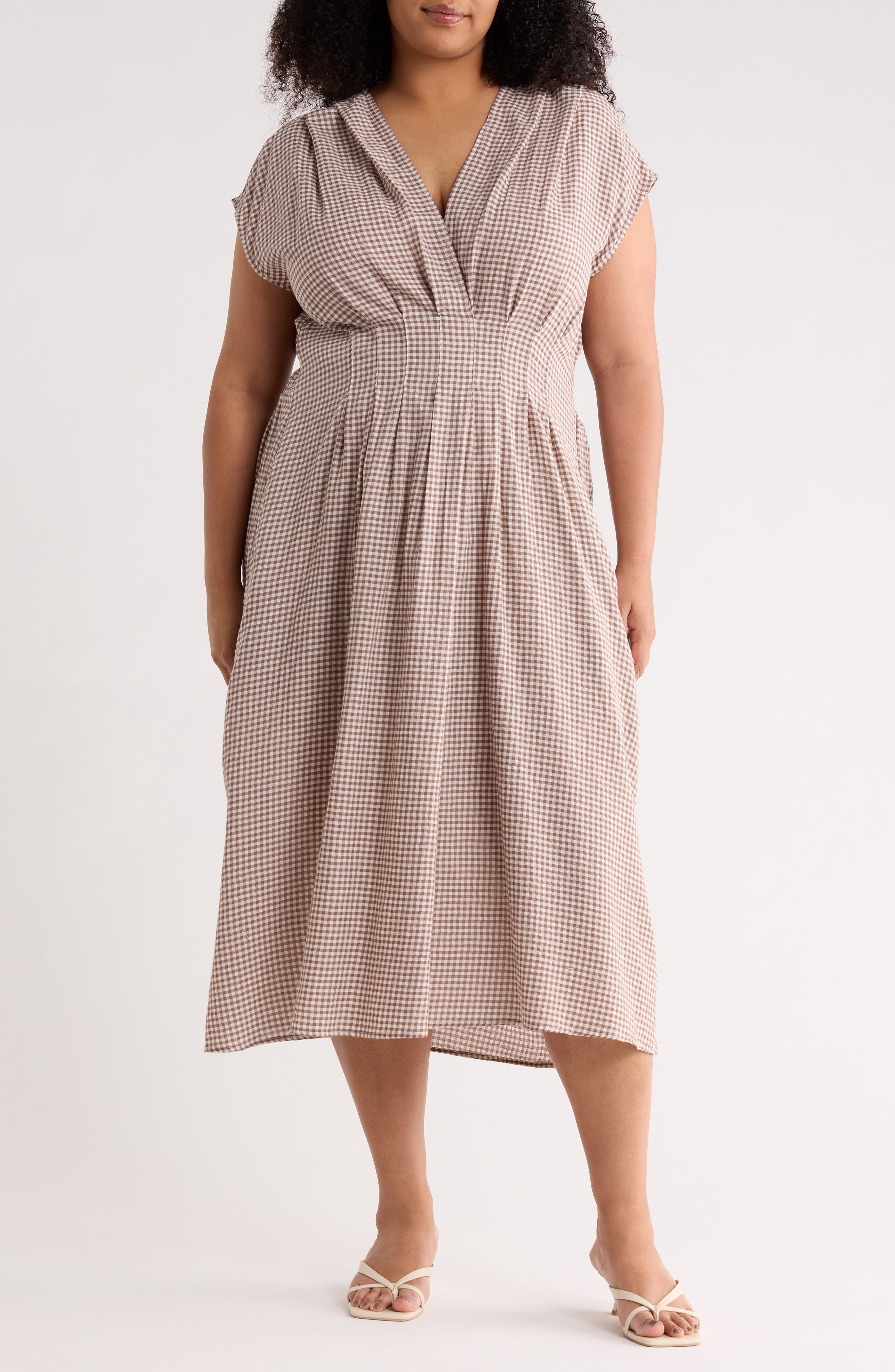 MAX STUDIO Gingham Cap Sleeve Cotton Blend Midi Dress