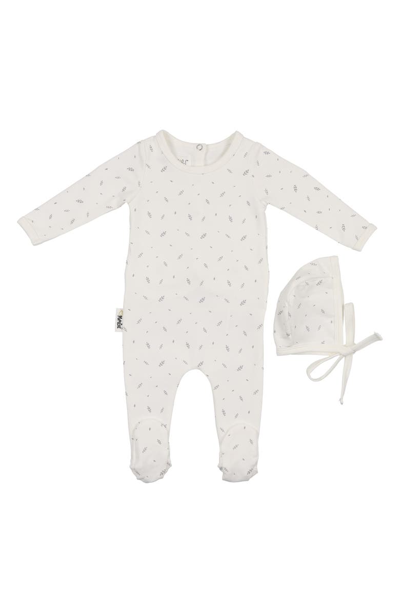 Manière Elegant Leaves Footie & Hat Set, Main, color, Ivory