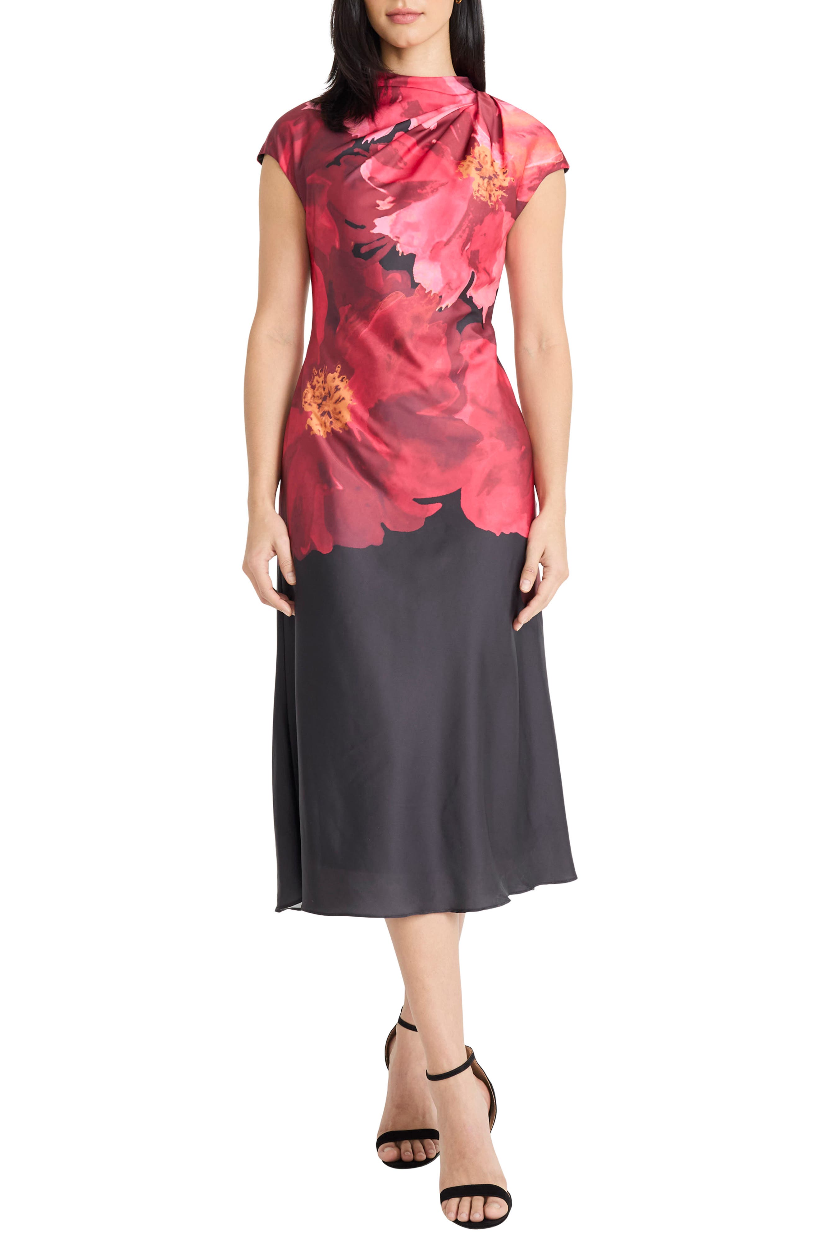 Maggy London Pleated Floral Print Cap Sleeve Satin Midi Dress