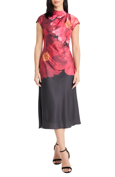 Pleated Floral Print Cap Sleeve Satin Midi Dress