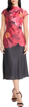 Maggy London Pleated Floral Print Cap Sleeve Satin Midi Dress