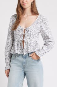 BP. Tie Front Scoop Neck Cotton Poplin Peplum Top