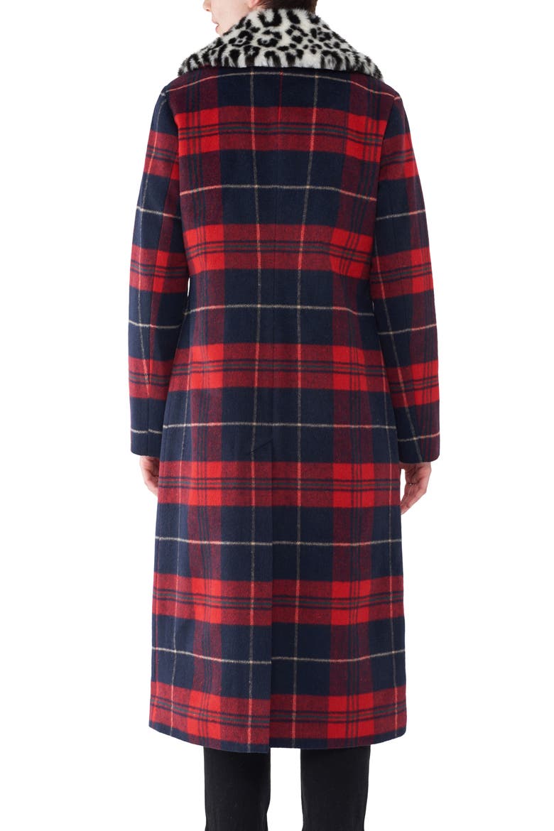 Faux Fur Collar Plaid Long Coat, Alternate, color, RED PLAID