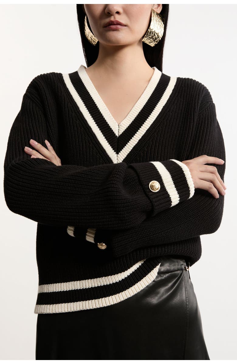 Karen Millen Cotton V-Neck Knit Boxy Jumper, Alternate, color, Black