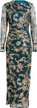 Vince Camuto Metallic Floral Long Sleeve Ruched Gown