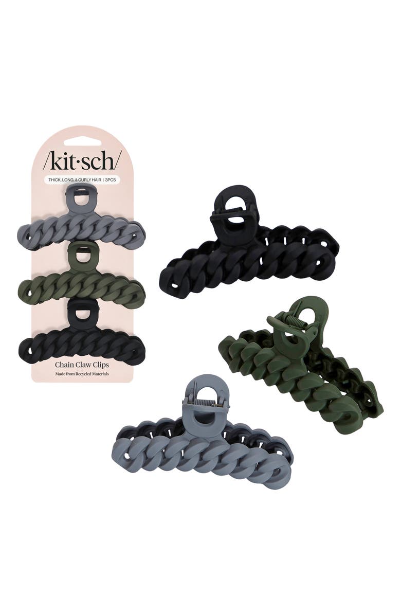 Kitsch 3-Pack Assorted Chain Claw Clips, Main, color, Black & Moss