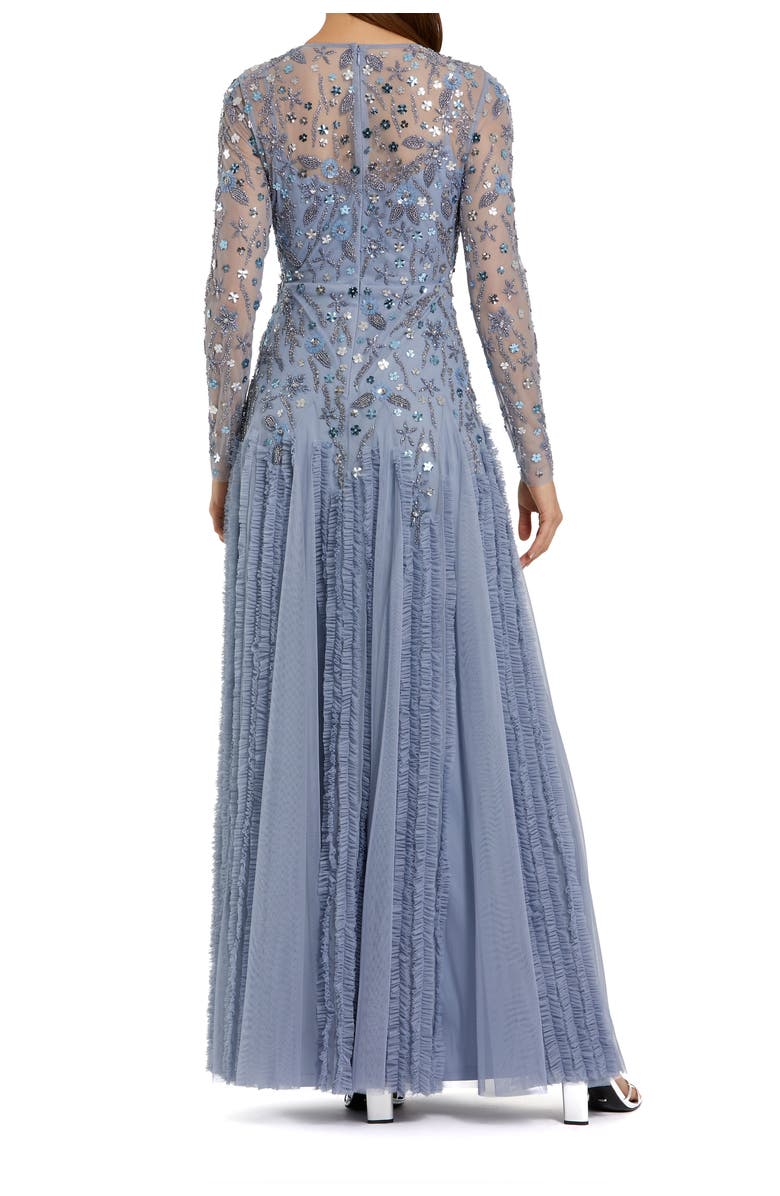 Mac Duggal Embellished Mesh Long Sleeve Ruffle hem Gown, Alternate, color, Slate Blue