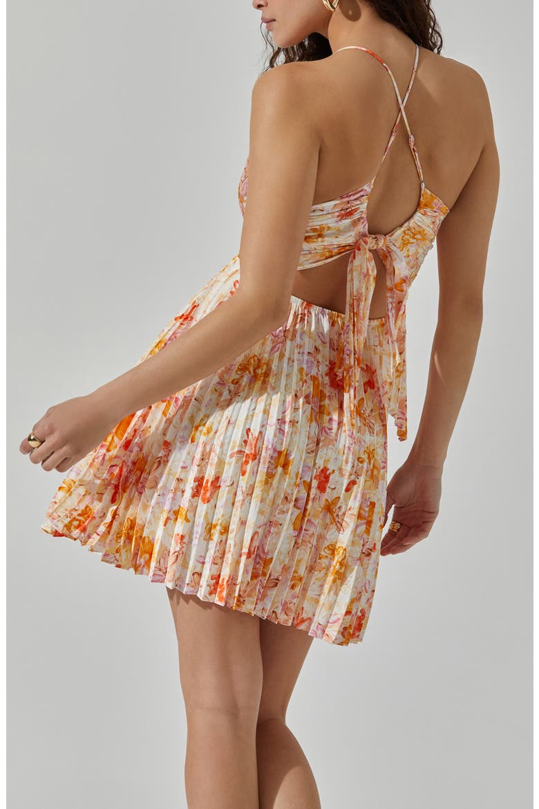 Pleated Tie Back Dress, Alternate, color, CREAM ORANGE FLORAL
