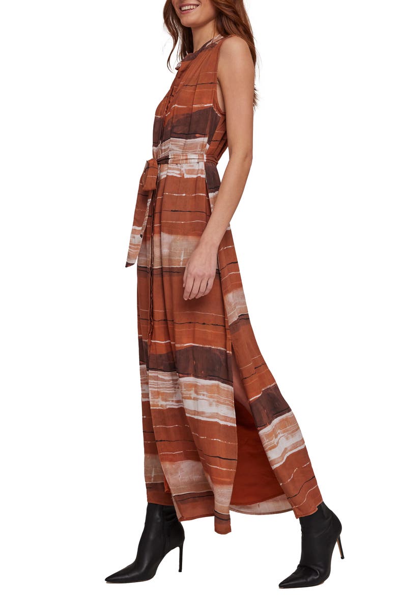 Pleat Tie Belt Dress, Alternate, color, RUST STRIPES PRINT