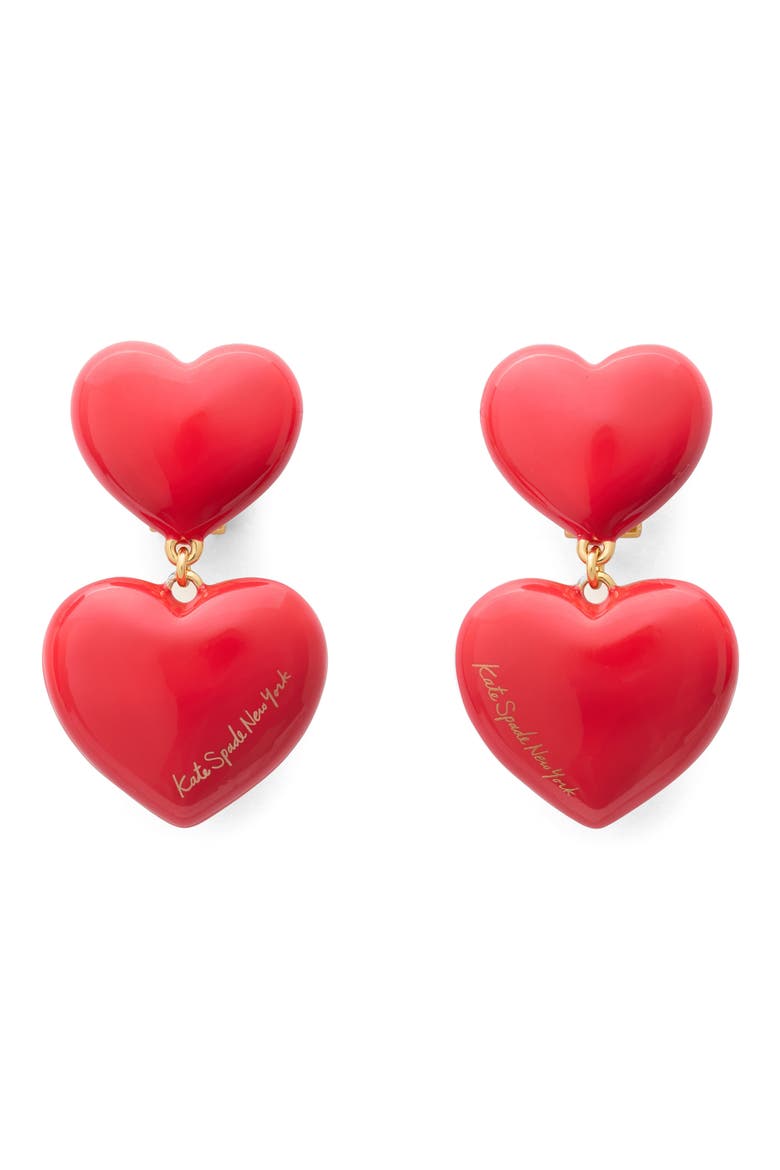 Double Heart Drop Earrings, Main, color, RED.