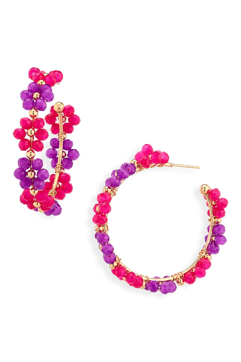 Beaded Flower Hoop Earrings, Main, color, FUCHSIA/ MULTI