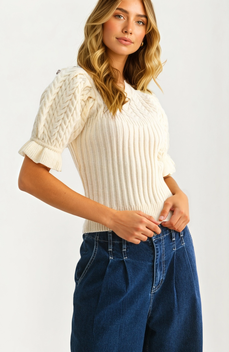 Knit and Lounge Puff Sleeve Cable Knit Sweater, Alternate, color, 