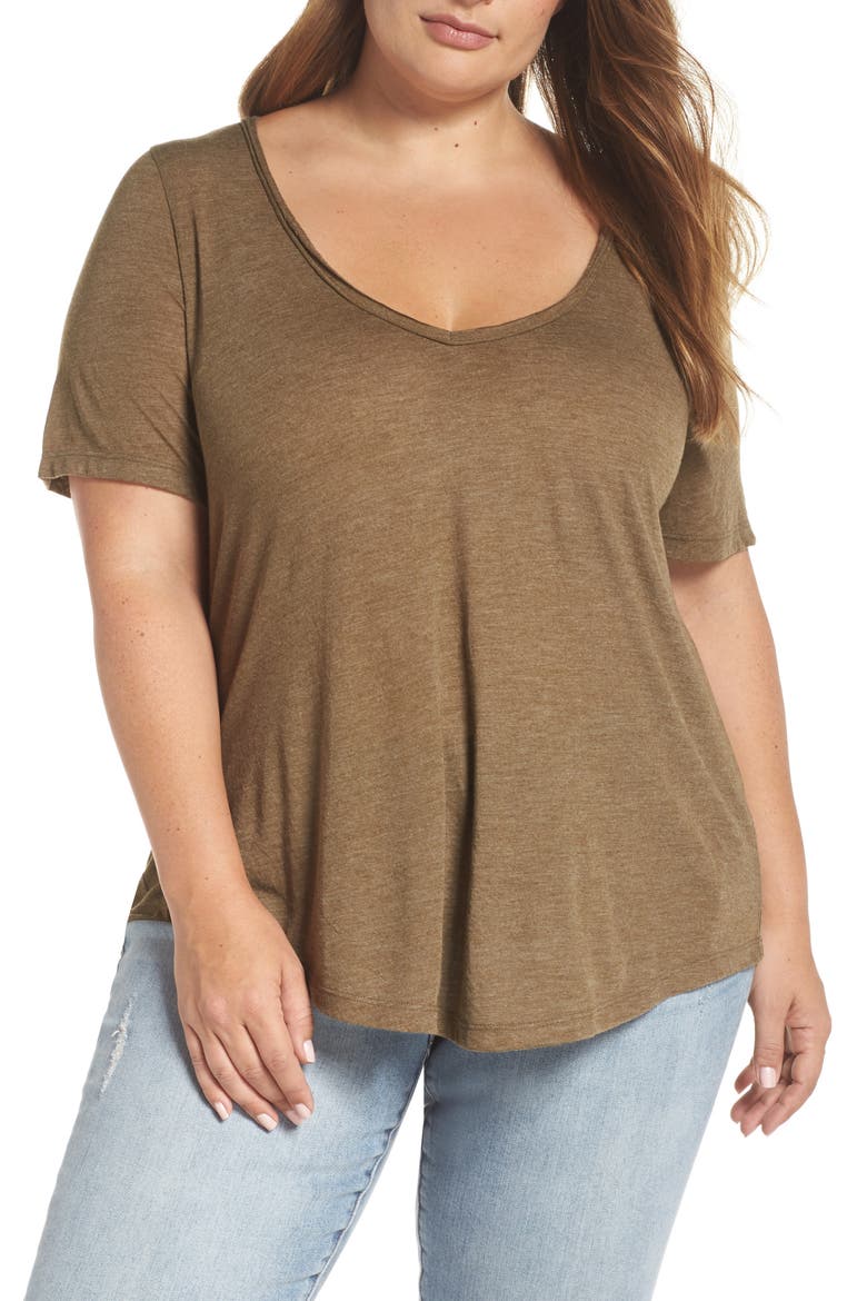 Raw Edge V-Neck Tee, Main, color, OLIVE ITALY