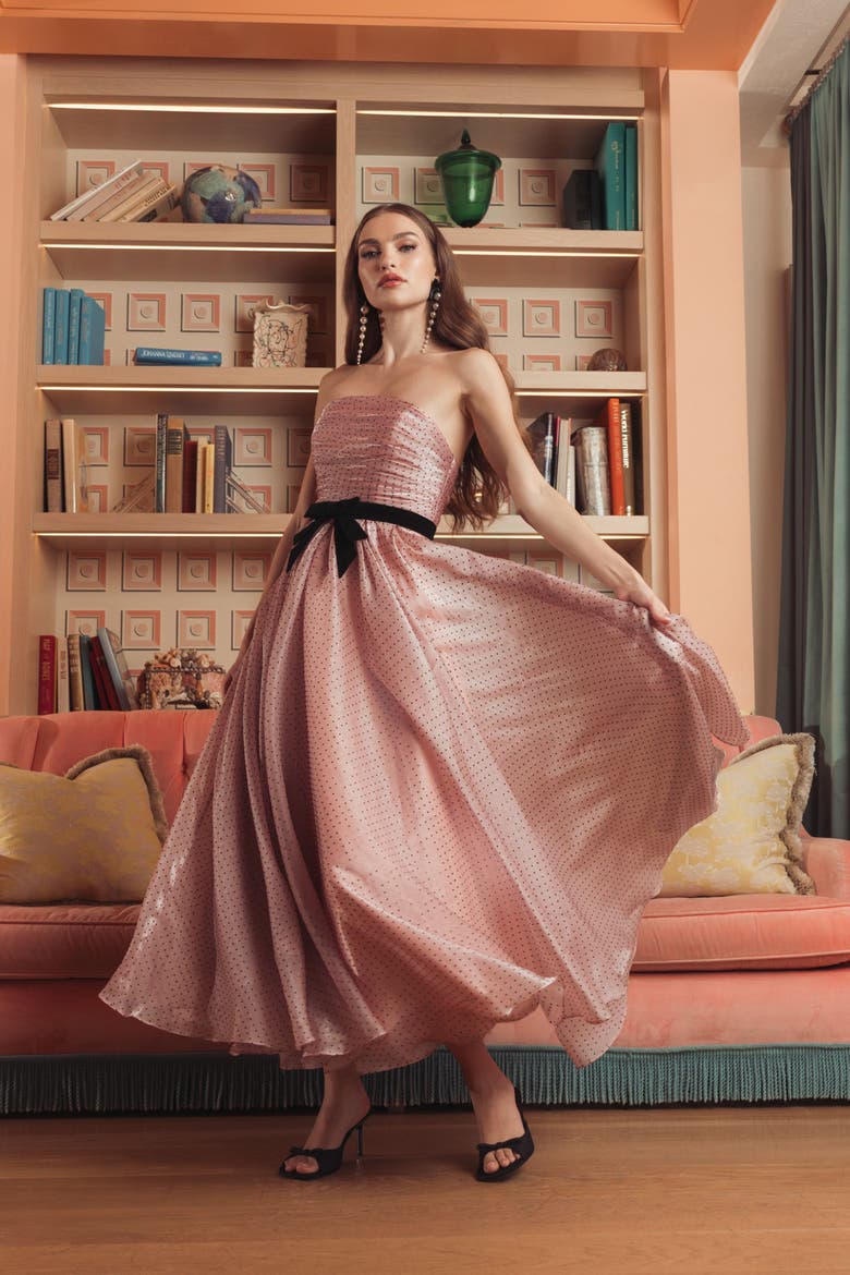 Petite Polka Dot Organza Strapless Dress With Bow, Alternate, color, Rose Pink