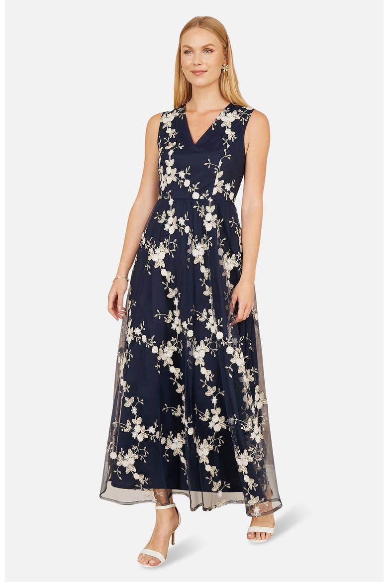 Mesh Embroidered Maxi Dress, Main, color, Navy