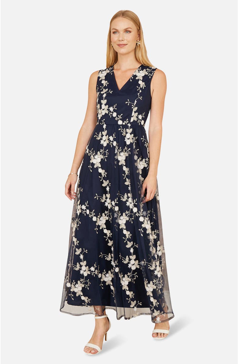 Yumi Mesh Embroidered Maxi Dress, Main, color, Navy