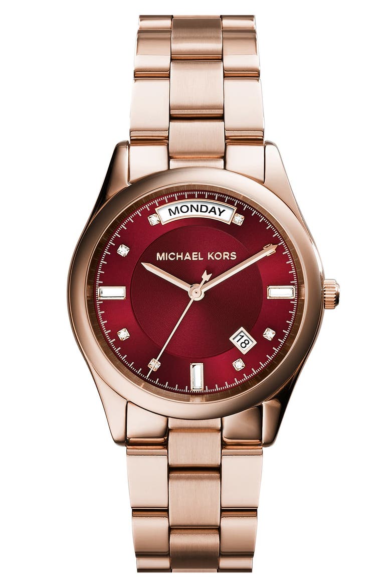 Michael Kors 'Colette' Round Bracelet Watch, 34mm, Main, color, ROSE GOLD/ RED
