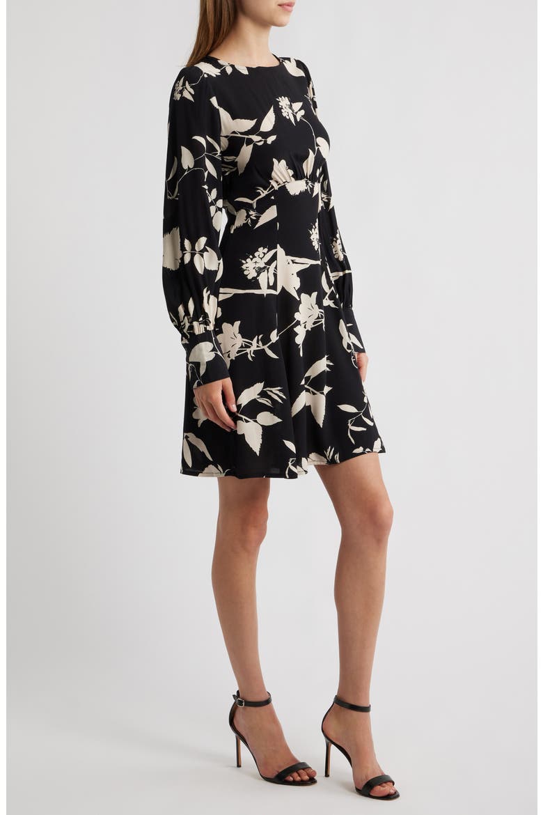 Floral Print Long Sleeve Minidress, Alternate, color, BLACK