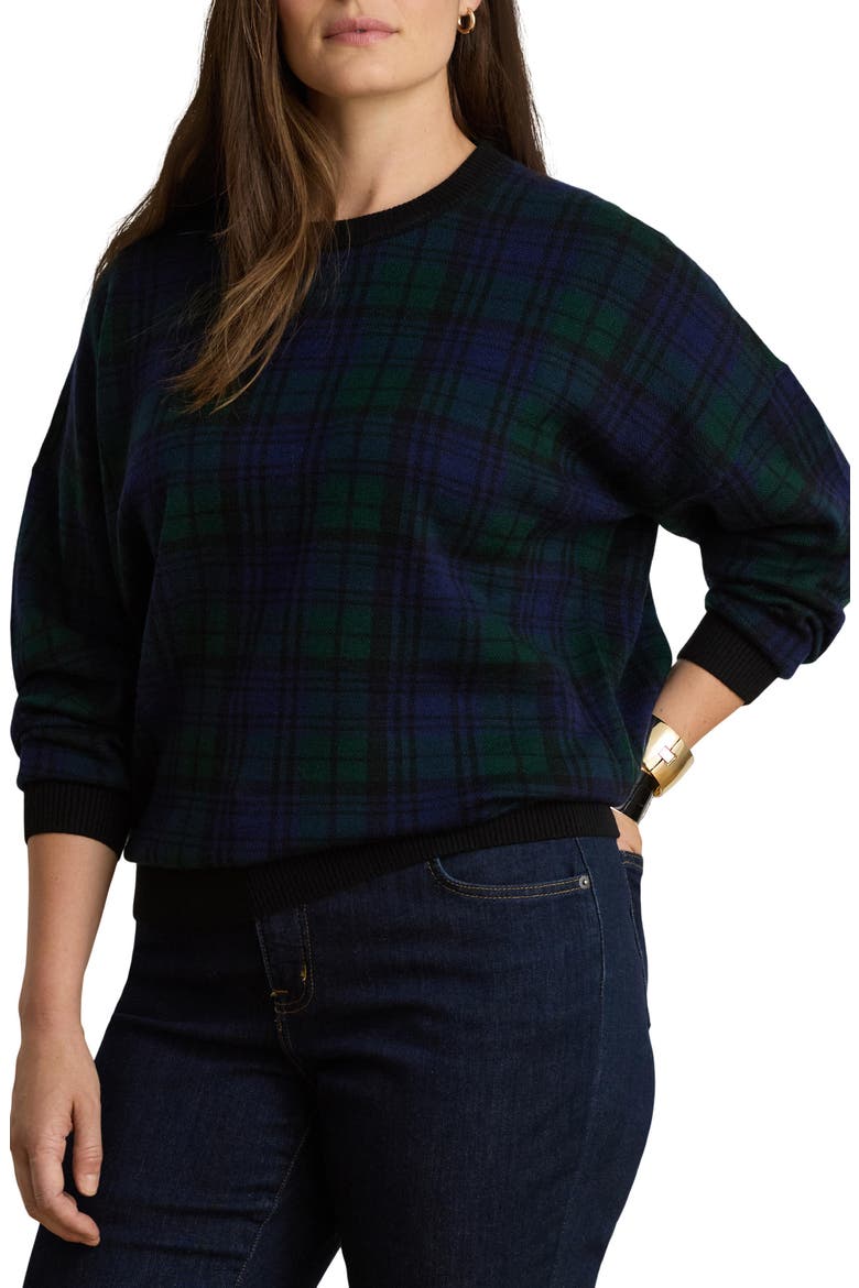 Plaid Merino Wool Sweater, Alternate, color, BLACK