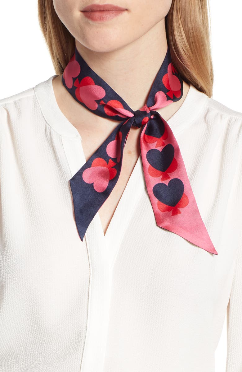 Kate Spade New York spade hearts skinny silk scarf, Main, color,