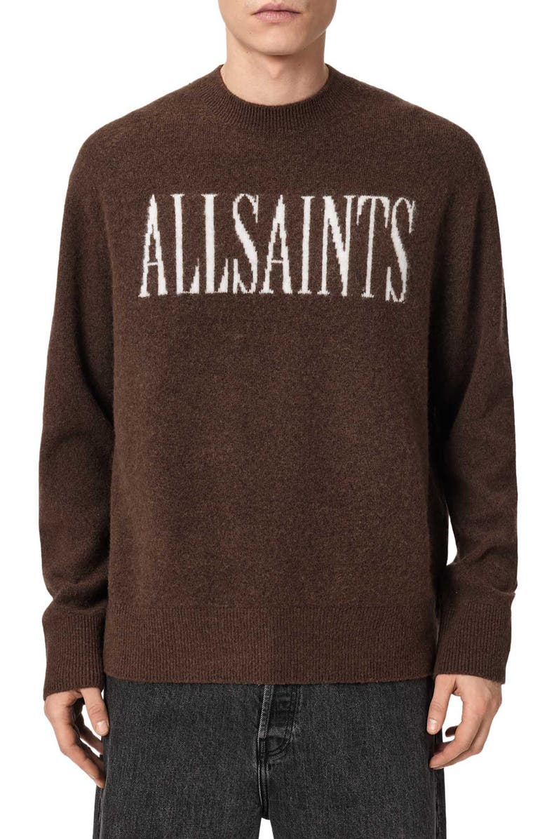 AllSaints Stamp Logo Intarsia Crewneck Sweater, Main, color, Petri Oat Brown