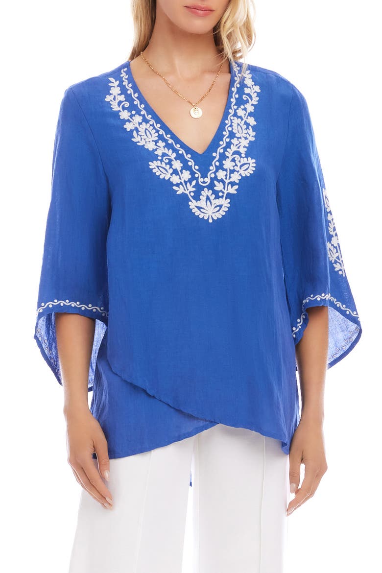 Embroidered Asymmetric Hem Linen Blend Top, Main, color, BLUE