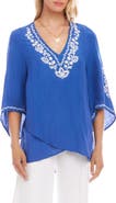 Karen Kane Embroidered Asymmetric Hem Linen Blend Top