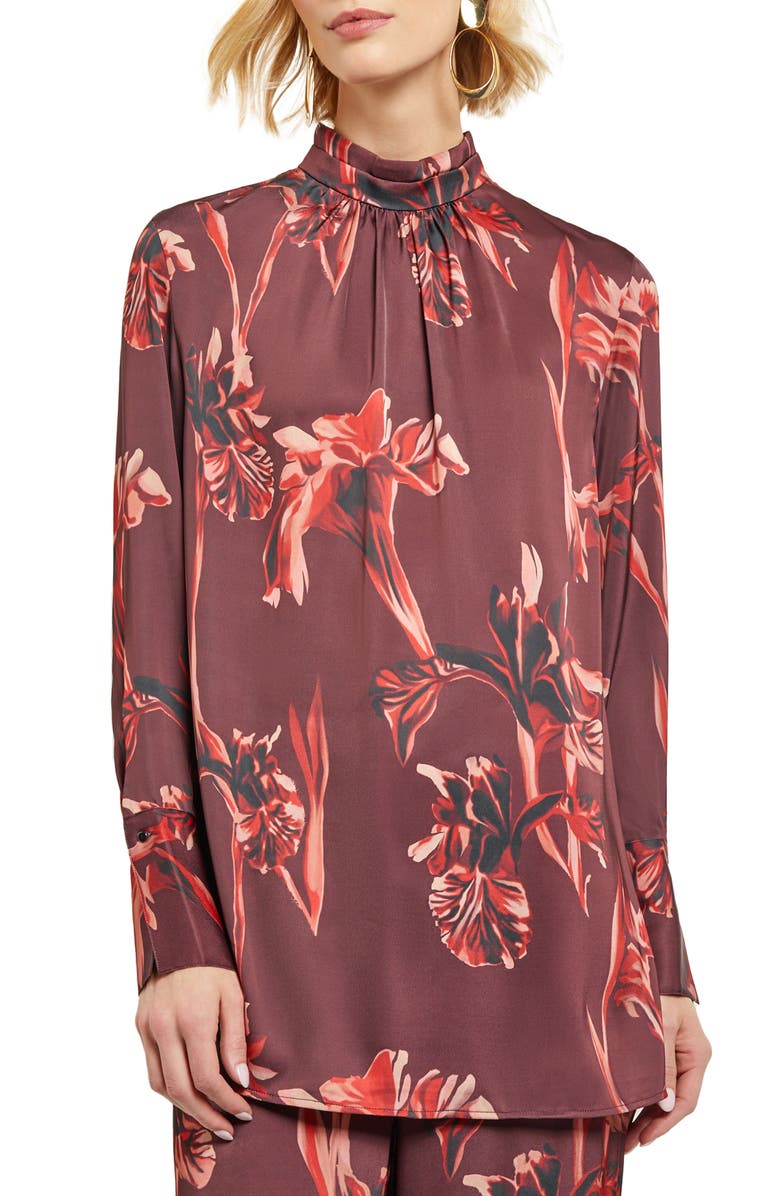 Misook Floral Long Sleeve Blouse, Main, color, Mahogany/Classic Red/Venetian