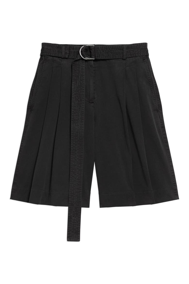 Belted Double Pleat Stretch Cotton Shorts, Alternate, color, BLACK