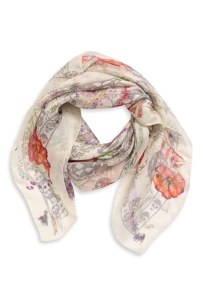 Spider Floral Silk Twill Chiffon Scarf, Alternate, color, IVORY/ MEDIUM GREY
