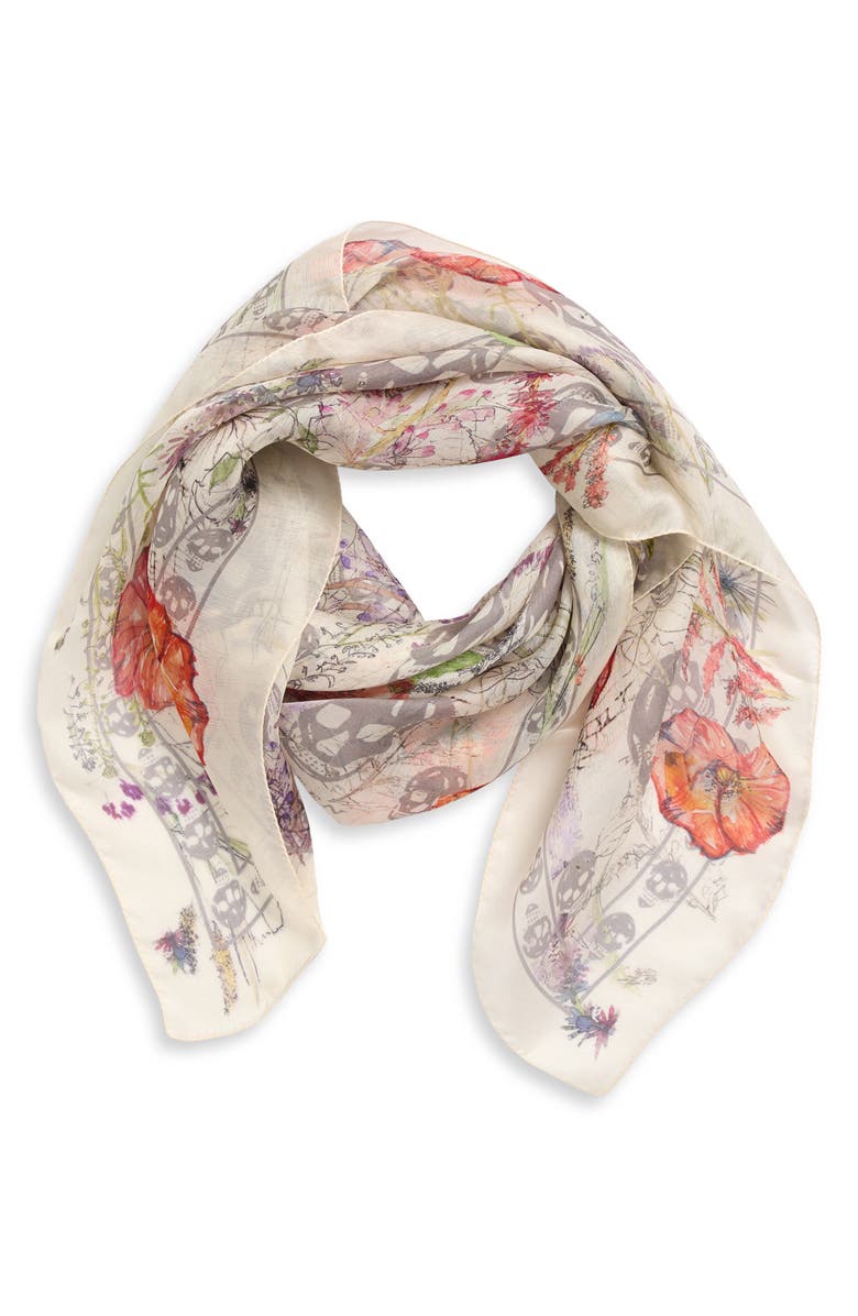 McQueen Spider Floral Silk Twill Chiffon Scarf, Alternate, color, Ivory/ Medium Grey