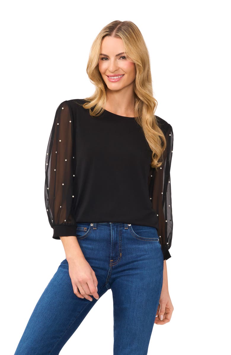 CeCe Mixed Media Imitation Pearl Top, Alternate, color,