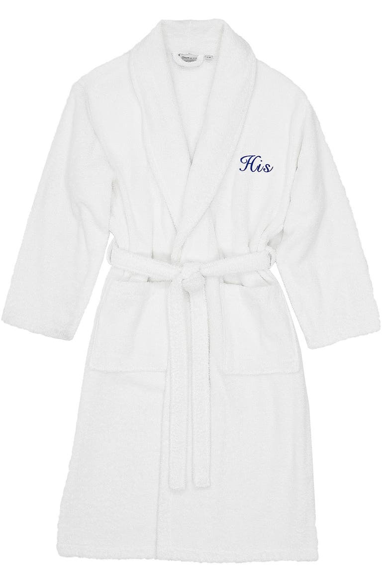 Embroidered 'His' Terry Bathrobe, Alternate, color, WHITE