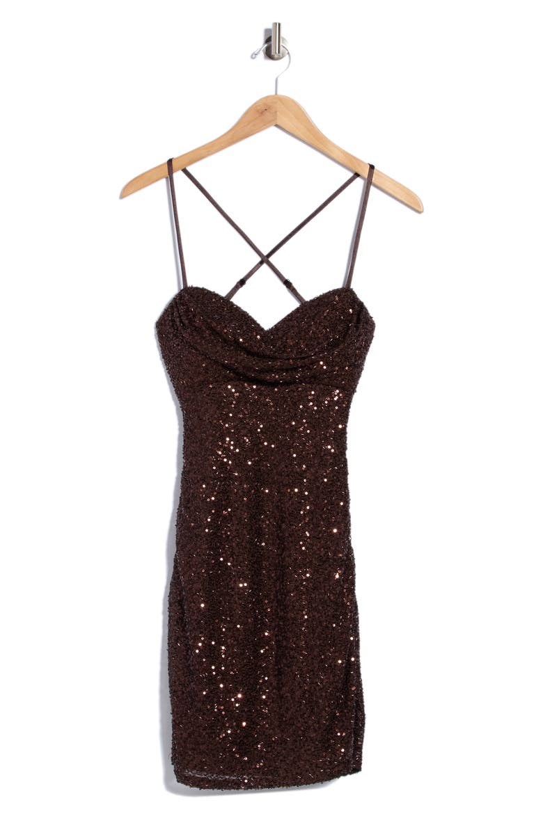 Sequin Drape Neck Minidress, Alternate, color, CHOC